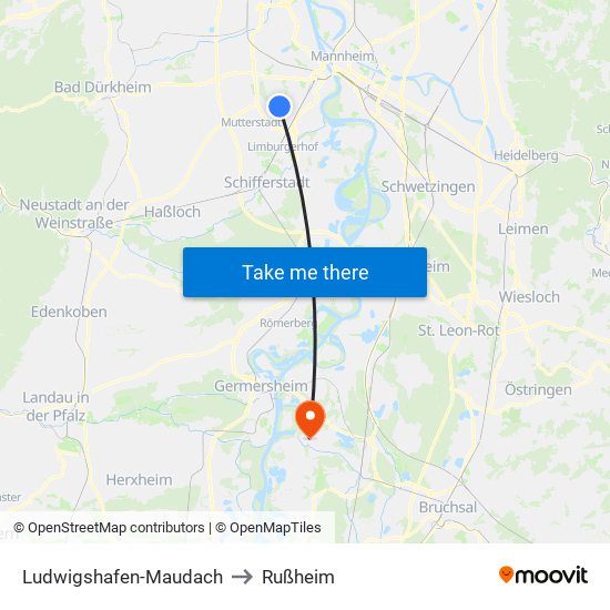 Ludwigshafen-Maudach to Rußheim map