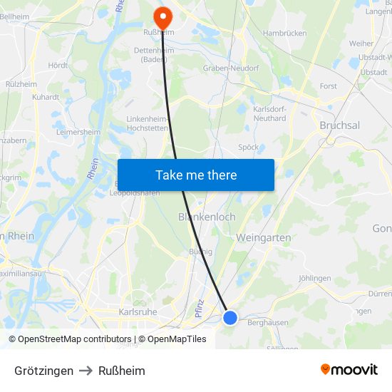 Grötzingen to Rußheim map