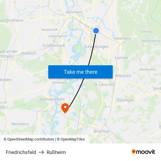 Friedrichsfeld to Rußheim map