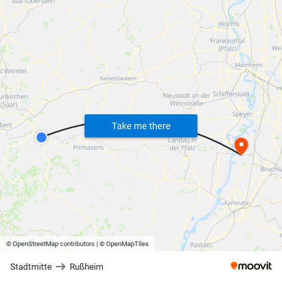 Stadtmitte to Rußheim map