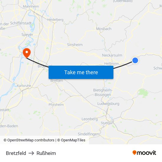 Bretzfeld to Rußheim map