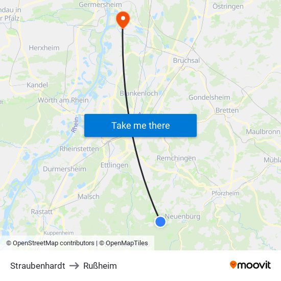 Straubenhardt to Rußheim map