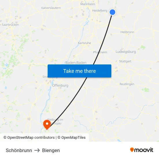 Schönbrunn to Biengen map