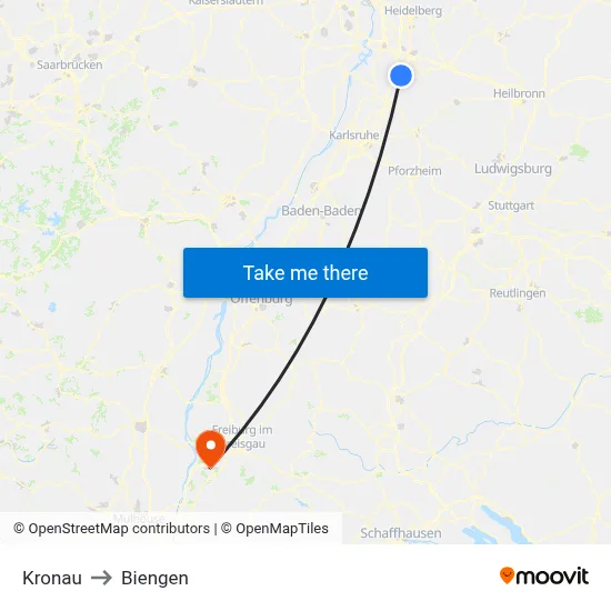 Kronau to Biengen map