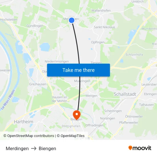 Merdingen to Biengen map