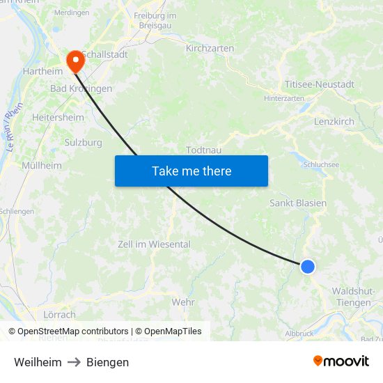 Weilheim to Biengen map