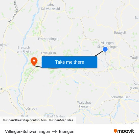Villingen-Schwenningen to Biengen map