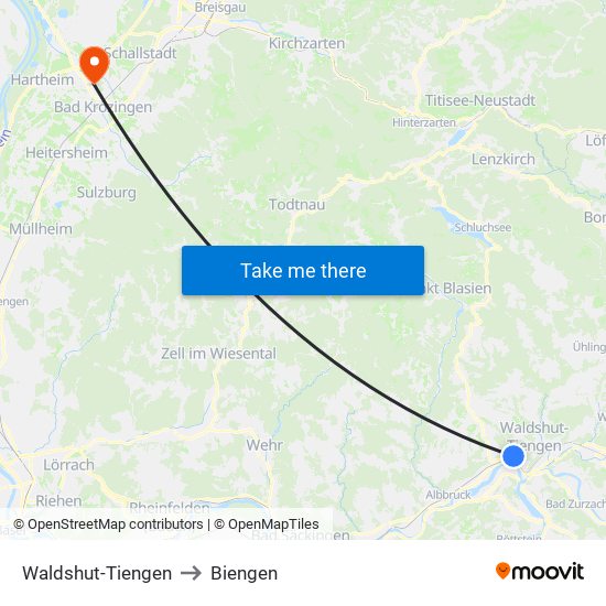 Waldshut-Tiengen to Biengen map