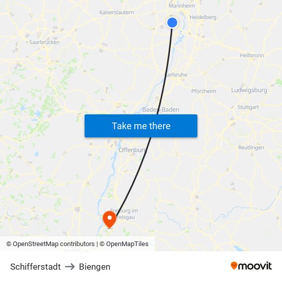 Schifferstadt to Biengen map