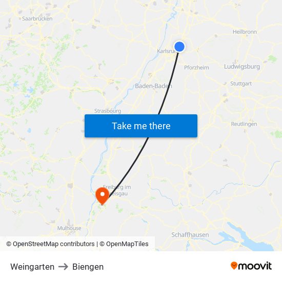 Weingarten to Biengen map