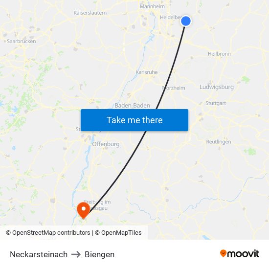 Neckarsteinach to Biengen map