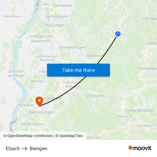 Elzach to Biengen map