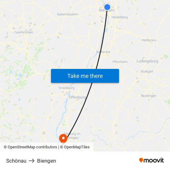 Schönau to Biengen map
