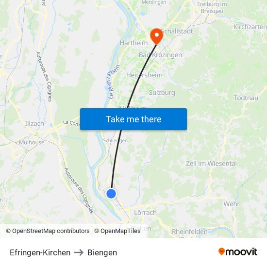 Efringen-Kirchen to Biengen map