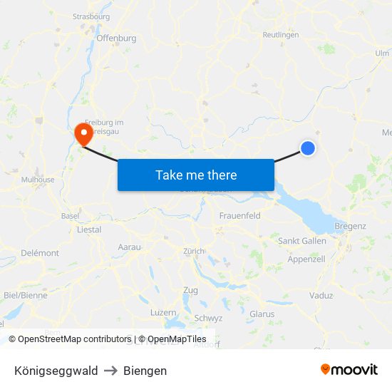 Königseggwald to Biengen map