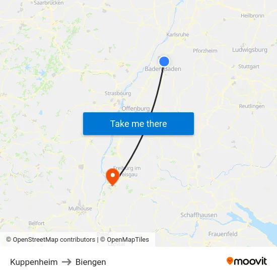 Kuppenheim to Biengen map