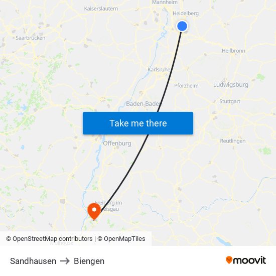 Sandhausen to Biengen map