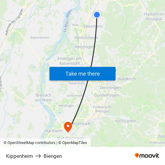 Kippenheim to Biengen map