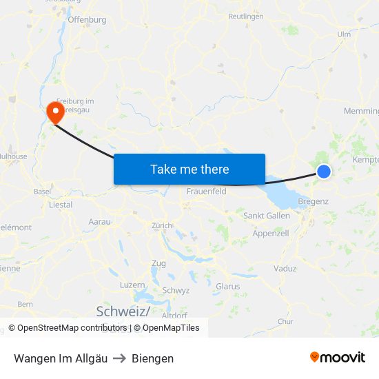 Wangen Im Allgäu to Biengen map