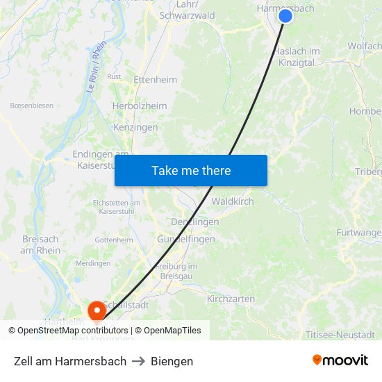 Zell am Harmersbach to Biengen map