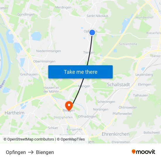 Opfingen to Biengen map