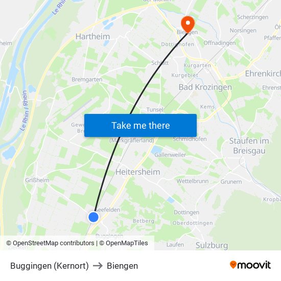 Buggingen (Kernort) to Biengen map