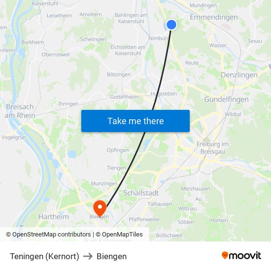 Teningen (Kernort) to Biengen map