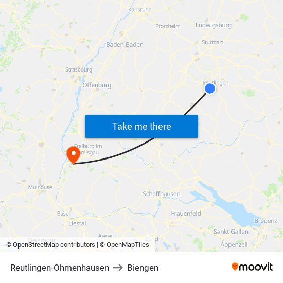 Reutlingen-Ohmenhausen to Biengen map