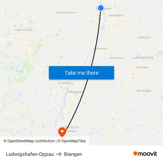 Ludwigshafen-Oppau to Biengen map