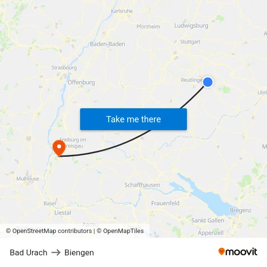 Bad Urach to Biengen map