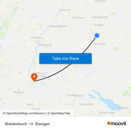 Waldenbuch to Biengen map