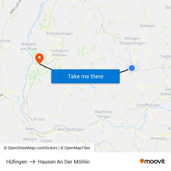 Hüfingen to Hausen An Der Möhlin map