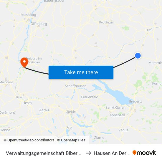 Verwaltungsgemeinschaft Biberach An Der Riß to Hausen An Der Möhlin map