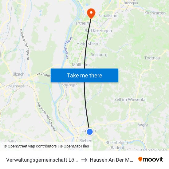 Verwaltungsgemeinschaft Lörrach to Hausen An Der Möhlin map
