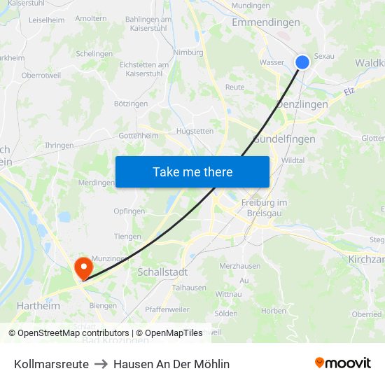 Kollmarsreute to Hausen An Der Möhlin map