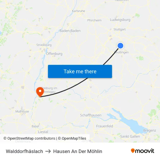 Walddorfhäslach to Hausen An Der Möhlin map