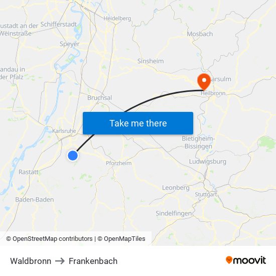 Waldbronn to Frankenbach map