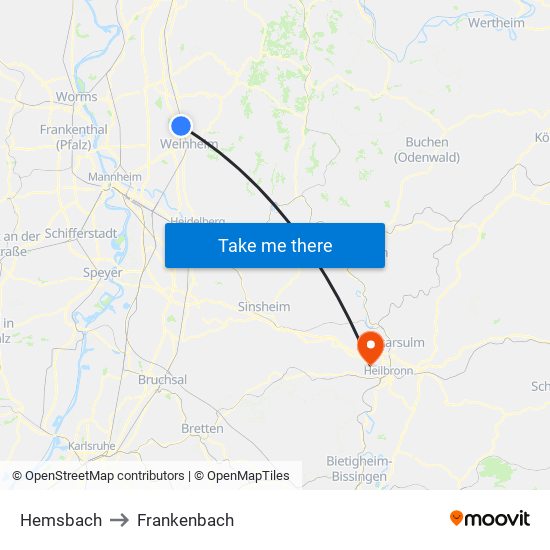 Hemsbach to Frankenbach map