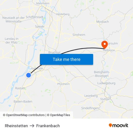 Rheinstetten to Frankenbach map