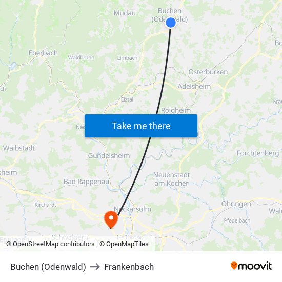 Buchen (Odenwald) to Frankenbach map