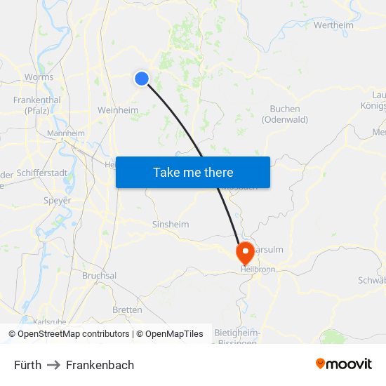 Fürth to Frankenbach map