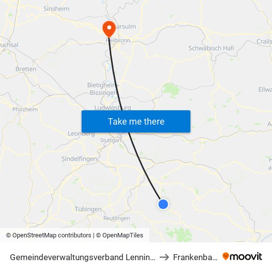 Gemeindeverwaltungsverband Lenningen to Frankenbach map