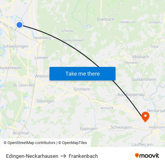 Edingen-Neckarhausen to Frankenbach map