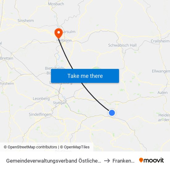 Gemeindeverwaltungsverband Östlicher Schurwald to Frankenbach map