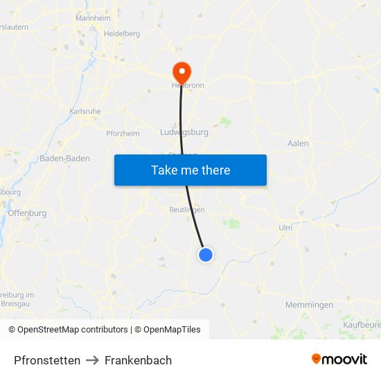 Pfronstetten to Frankenbach map