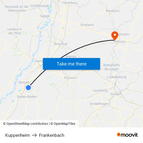 Kuppenheim to Frankenbach map