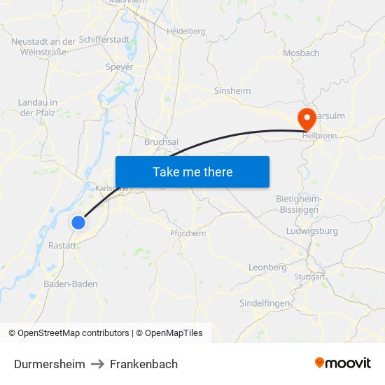Durmersheim to Frankenbach map