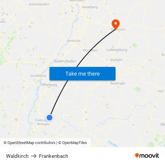 Waldkirch to Frankenbach map