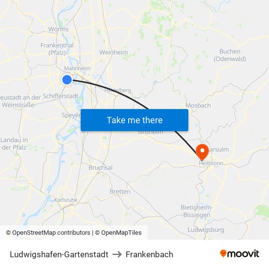 Ludwigshafen-Gartenstadt to Frankenbach map