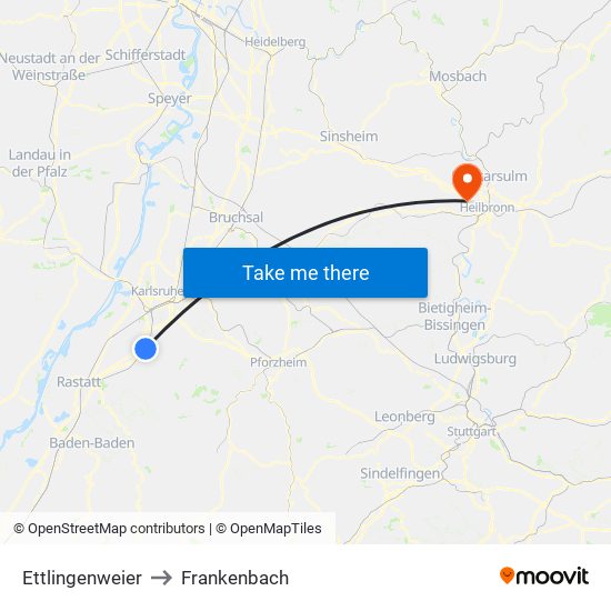 Ettlingenweier to Frankenbach map